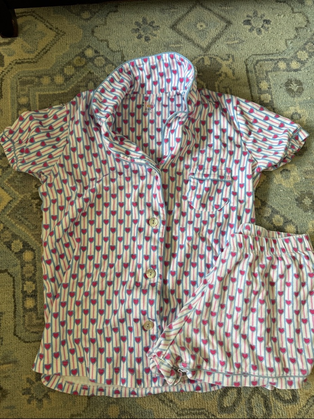 Roller Rabbit women’s Button-Front Pajama Shirt in White with Pink Heart Pattern